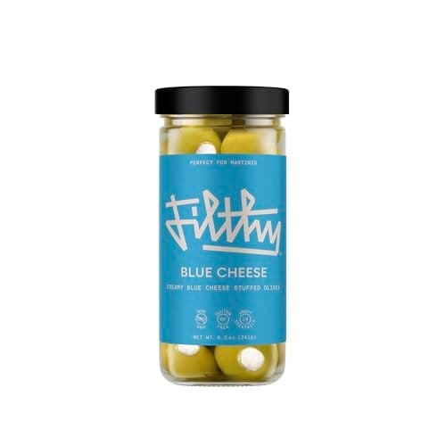 Filthy Blue Cheese Stuffed Olives, Premium Cocktail Garnish, Blue Cheese Stuffed Olives, Naturally Cured Queen Olives Stuffed With Real Wisconsin Blue Cheese for Martinis, 8.5 Oz Jar, 14 Olives