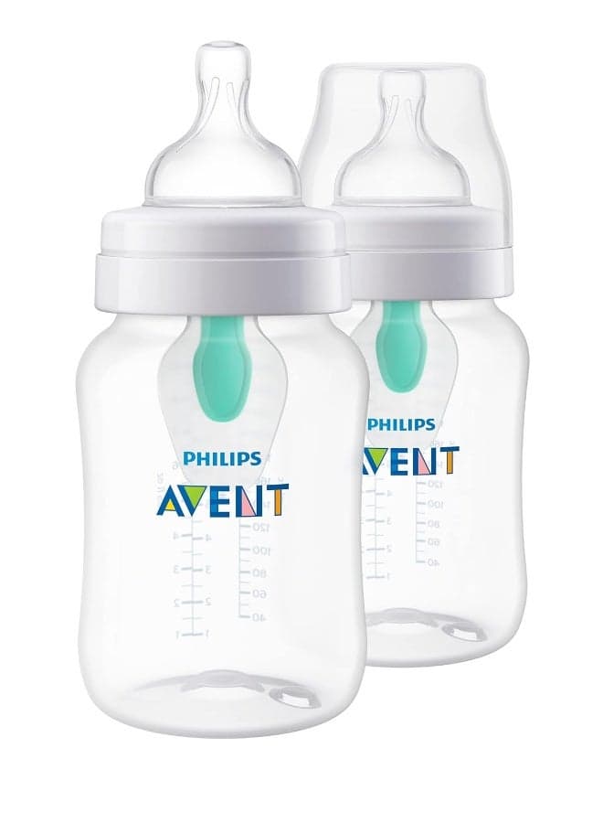 Philips Avent Anti-Colic Baby Bottle with AirFree Vent, 9oz, with Flow 2 Nipples, 1m+, 2pk, Clear, SCY703/02
