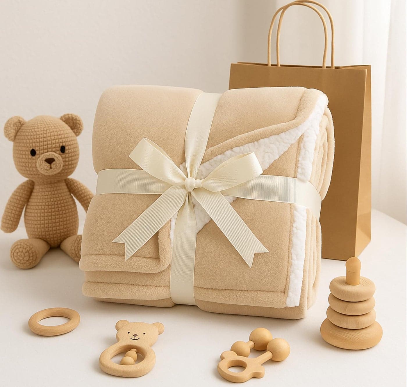 BSB HOME Baby Blanket Gift Set – 2-Layer Flannel & Sherpa Wrapping Sheet | Ideal Newborn Gift for Baby Boys & Girls | All-Season | Winter | Soft AC Blanket (Beige, 130 x 105 cm, Weight- 800 Grams)