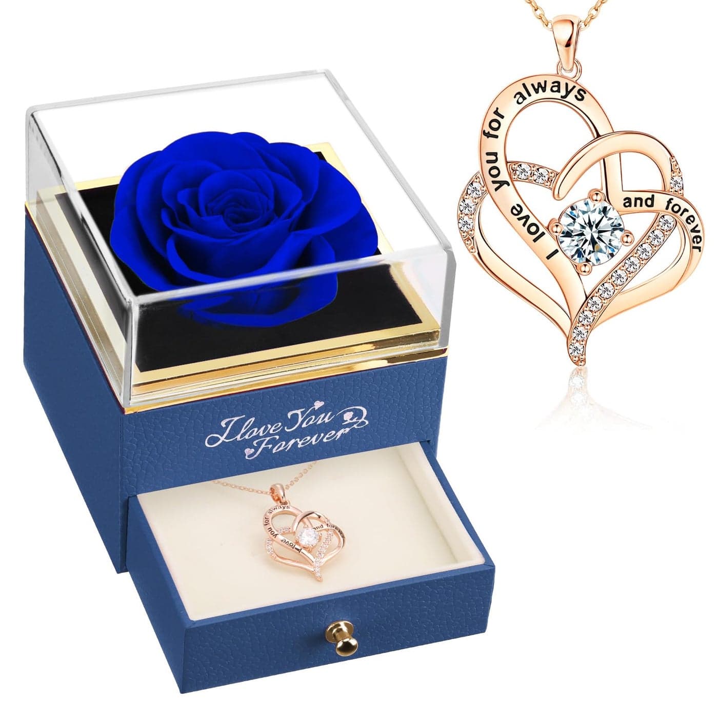 WILDLOVE Forever Real Rose with Heart Necklace Preserved Flowers Gifts for Mom Wife and Girlfriend on Christmas Valentines Day Mothers Day Birthday for Women Her Blue