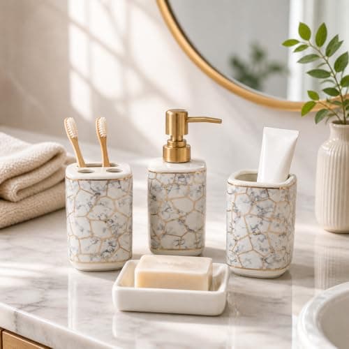 Whizzo® Marble Design Bathroom Accessories Set Ceramic - 4 Piece Marble Bathroom Accessories Set Soap Dispenser, Toothbrush Holder, Tumbler, Soap Dish, The Best Gifting Choice (White, WZ-BS-794-White)