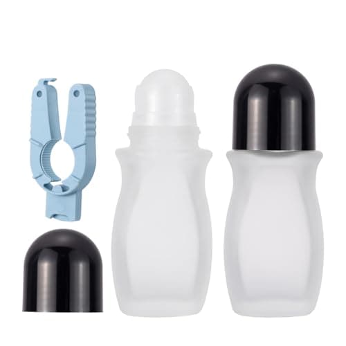 Kesell 2pack 50 ml17oz Refillable Roll On Bottles with Plastic Roller Ball Frosted Clear Glass Rollerball Deodorant Container Set with Opener Essential Oil Perfume Glass Roller Bottles Black Caps
