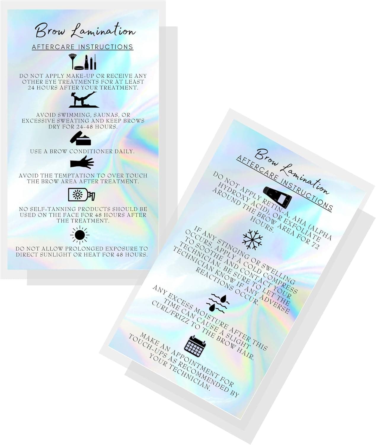 Brow Lamination Aftercare Cards 50 Pack 2x35 inches Business Card Size Starter Lift Kit At Home DIY Brow Lift and Tint Snatched Brows Non Reflect Matte Rainbow Holographic Look Design