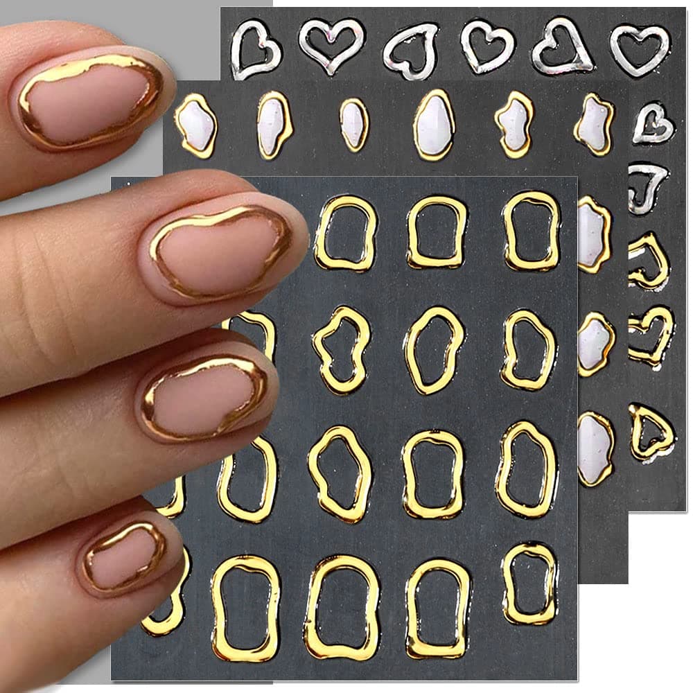 Dornail 6 Sheets 5D Crystal Soft Glue Embossed Nail Stickers Irregular Geometric Frames Nail Decals Hearts Waterdrop Nail Art Stickers Self Adhesive Stickers for Nails Designs Women Nail Accessories