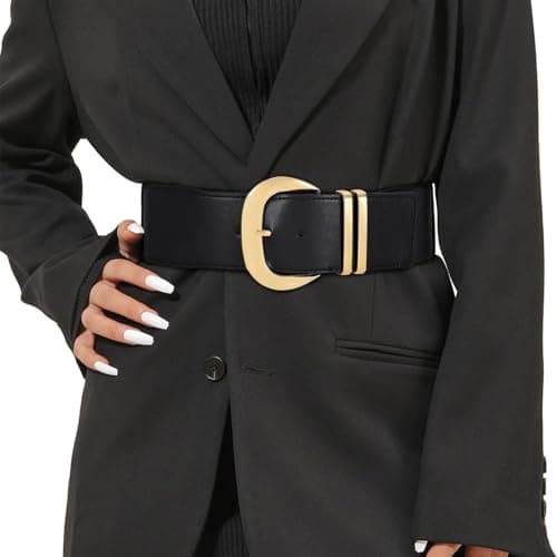 WHIPPY Women Wide Elastic Waist Belt for Dresses Fashion Gold Buckle Stretchy Leather Waistband for Ladies, Black, Fits Waist 33"-38"