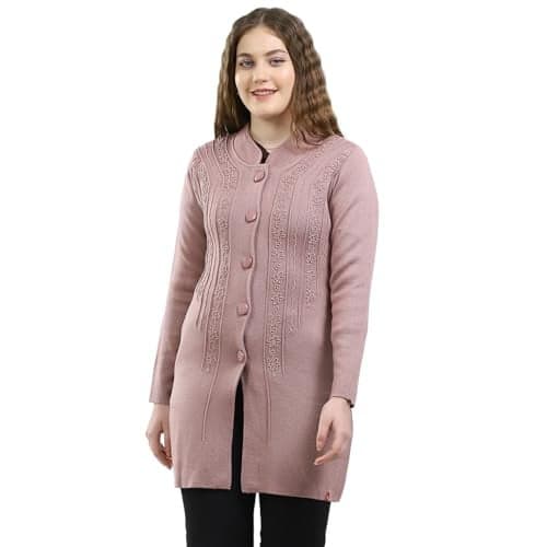 Monte Carlo Women’s Knitted Coat | Self Design | Regular Fit | Round Neck | Full Sleeve | Button Closure | Stylish Coat for Women Pink XL (Pack of 1)