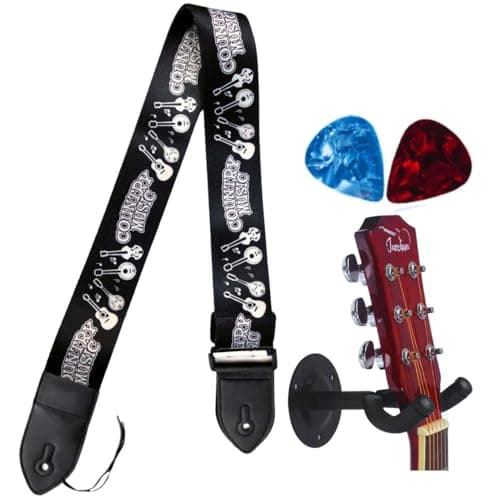 MOCKING BIRD Guitar Belt with guitar wall mount hanger Adjustable Buckle Guitar strap for acoustic Guitar Electric Guitar bass Guitar Hanger with Colourful Plectrum picks (Country Music Belt +Hanger)