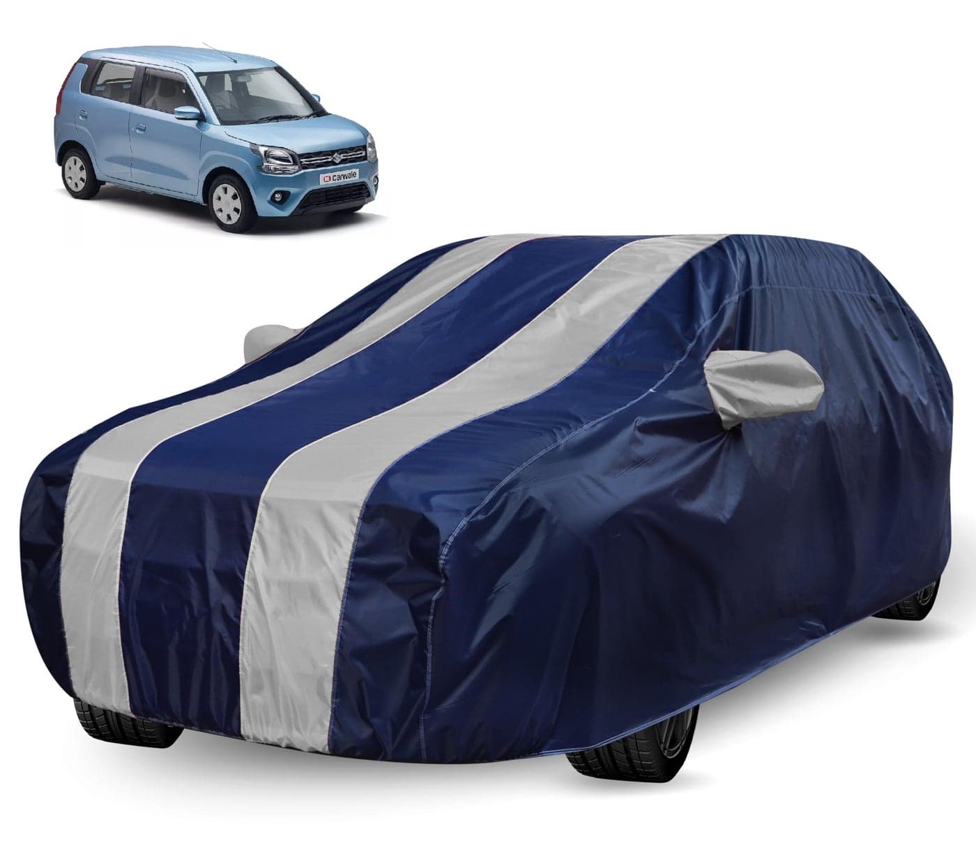 Auto Hub Car Cover Compatible with Maruti WagonR (Model : 2019-Till Date) with Mirror Pocket, Water Resistant, Triple Stitched, WagonR Car Cover, Navy-Silver