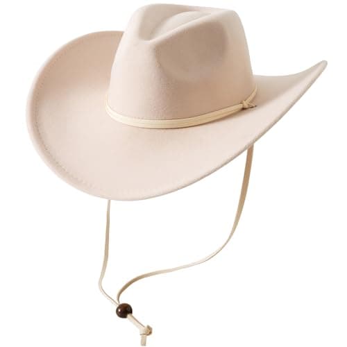 Lanzom Women Men Retro Felt Wide Brim Western Cowboy Cowgirl Hat Dress Up Hat with Wind Lanyard (Beige,Medium-Large)