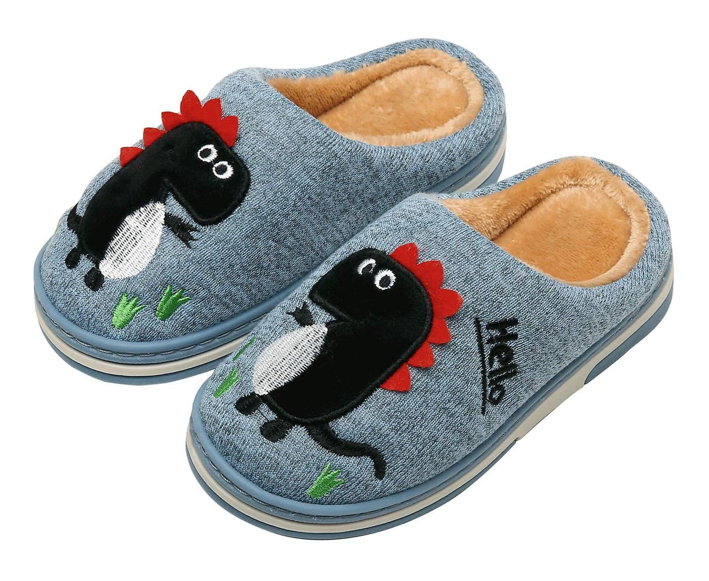 INMINPIN Boys Girls Cozy House Slippers Warm Plush Winter Cotton Slipper Kids Cute Dinosaur Indoor Shoes Non-Slip,Blue,3/4 Big Kid
