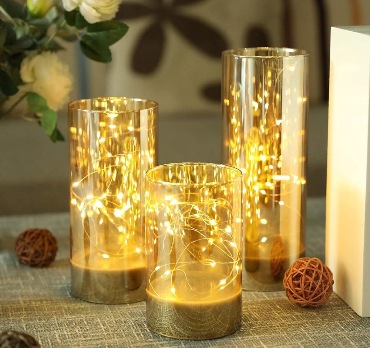 VRB Dec 3pcs Pillar Candles Acrylic Flameless & Smokeless Decorative Candles Led Tea Light Candle Perfect for Gifting, Home,Diwali, Christmas,Decorative Candle,Birthday (Model 12)