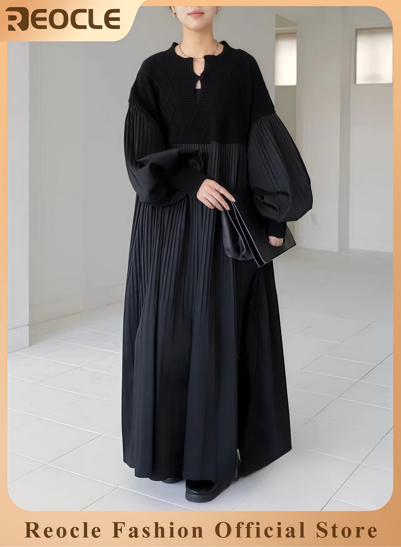 Women's Elegant Long Dress Sweater Patchwork Dress Solid Color Autumn Skirt Loose Casual Diamond Patterned Dress Lantern Sleeve Pleated Skirt