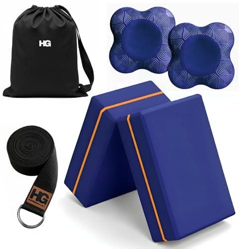 HOMEGALLEY Yoga Blocks Pack of 2 with Belt and 2 Knee Pad for Exercise, Yoga, Pilates & Gym Block Pair to Improve Strength, Balance, Stretching Yoga Bricks Set with Strap for Women and Men, Navy Blue