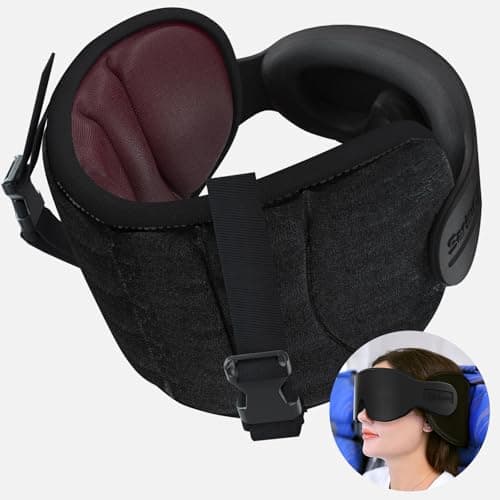 SARISUN Travel Pillows for Airplanes, Airplane Pillow for Long Flight, Airplane Head Strap with Sleep Eye Mask, 360° Headrest for Car Road Trip, Stop Bobblehead, Red