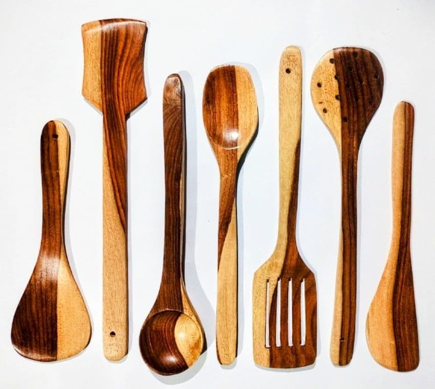 Flavoma Natural Sheesham Wood Spoon Set of 7 | Handmade Cooking Spoon Set | Wooden for Nonstick Cookware Kitchen Utensils | Kitchen Utensils, Frying Spoon Ladles & Turning Spatula, 24 Cm