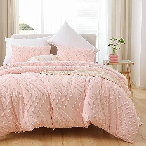 YIRDDEO Pink Comforter King Size 3Pcs, Boho Vertical Tufted Comforter Set King Pink Farmhouse Bedding Sets King, Lightweight Neutral Blush Boho Bed Set (1 Comforter, 2 Pillowcases)