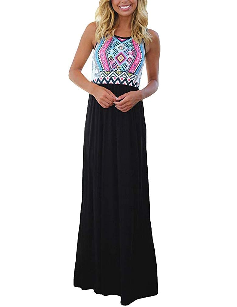 Sherosa Women's Striped Floral Print Sleeveless Empire Waist Maxi Dress (XL, T-Black)
