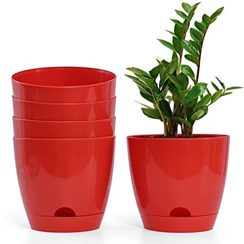 Livzing 7" Self Watering Planter Flower Pot with Drainage Hole - Indoor Outdoor Planter Pots for Balcony Home Garden Living Room - Modern Plant Pot - Virgin Plastic Flower Pots - Red (Pack of 5)