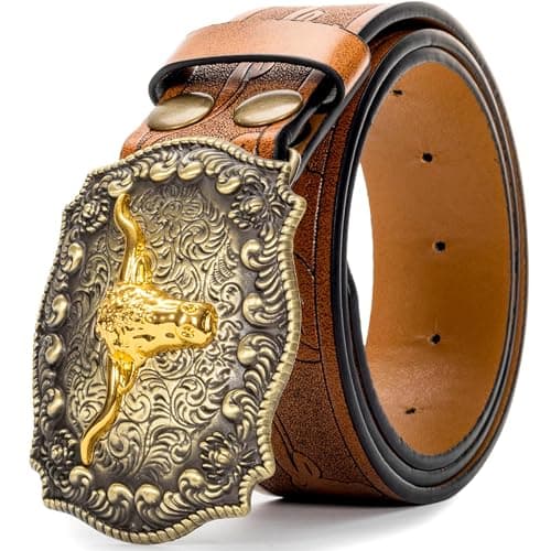 Mawjom Western Cowboy PU Leather Belt - Men Waist Strap Bull Decoration Floral Engraved for Jeans 25" to 30" Waist