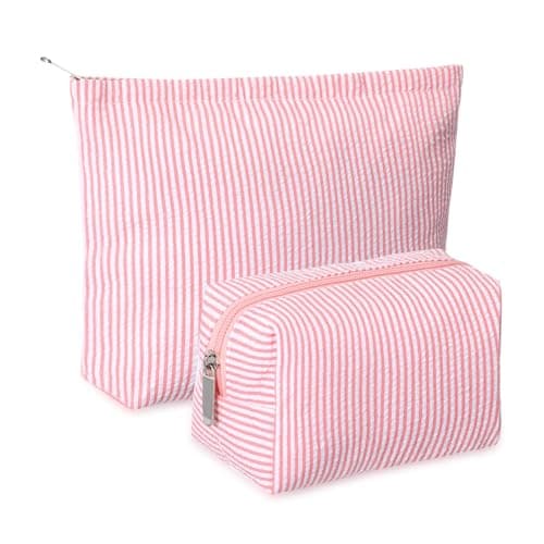 Huhumy 2 Pieces Makeup Bag Set Cute Cosmetic Pouch for Women Seersucker Travel Toiletry Bag Preppy Small Makeup Purse Pouch Aesthetic Skincare Brushes Storage Organizer for Christmas Women(Rose Pink)
