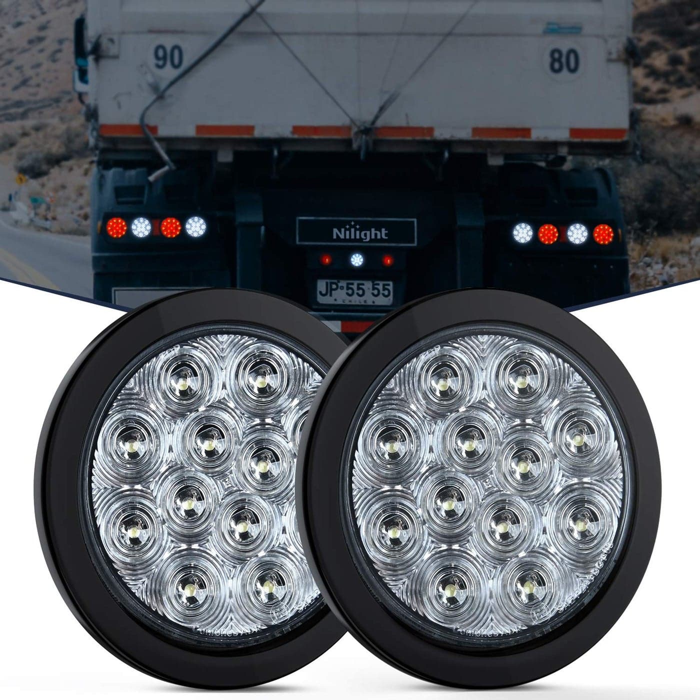 Nilight 2PCS 4 White Round LED Reverse Back Up Light wSurface Mount Grommet Plugs Trailer Tail Lights for Truck Trailer RV Jeep