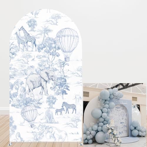 Blue Toile de Jouy Safari Arch Backdrop Cover Jungle Theme Spandex Cover for Baby Shower Wild One Birthday Party Hot Air Balloon Boys 1st Birthday Safari Animal Photo Backdrop G426372FT