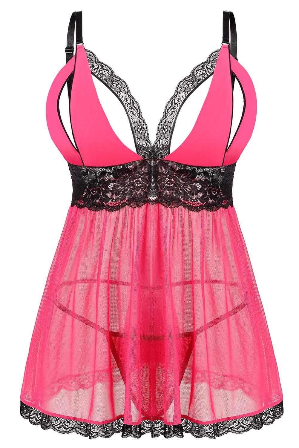 Donnalla Women Plus Size Lingerie Set Lace Babydoll Lingerie Dress Chemise Sleepwear with Thong Pink