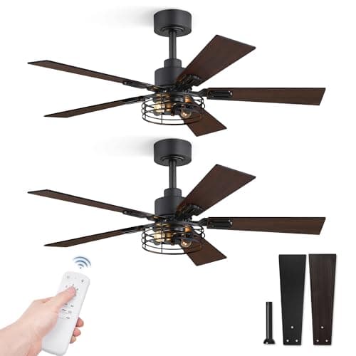 Fanbulous 2 Pack Farmhouse 42 Inch Ceiling Fans with Lights, Black Industrial Caged Ceiling Fans for Bedroom Living Room, Double-Sided 5 Blades Rustic Ceiling Fan