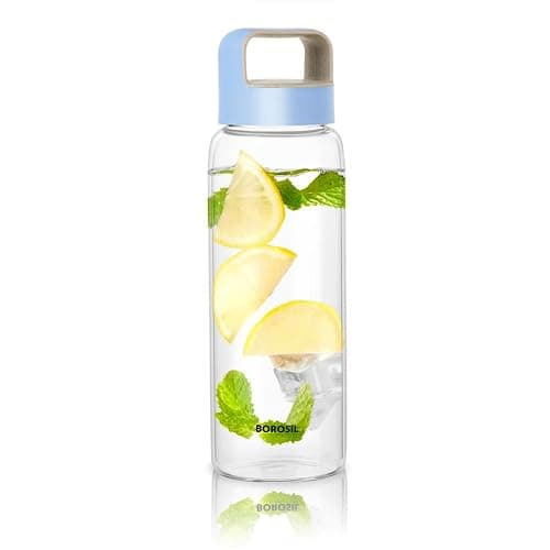 Borosil 550ml Neo Water Bottle | Borosilicate Glass Wide Mouth Bottle for Fridge | Extreme Temperature Resistant For Hot & Cold Water, Milk, Lassi, Juice (Blue Husk Lid)