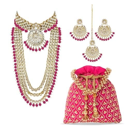 Peora Combo of Kundan Bridal Set with Rani Pink Potli Bag Gift For Women