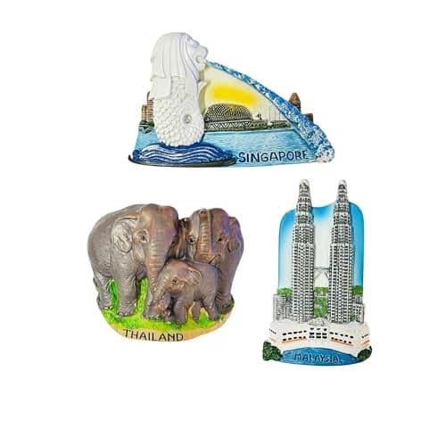 Moira 3D Resin Fridge Magnets Set of 3, Southeast Asia Landmarks, Singapore Merlion, Thailand Elephants, Malaysia Twin Towers, Travel Souvenir Collection