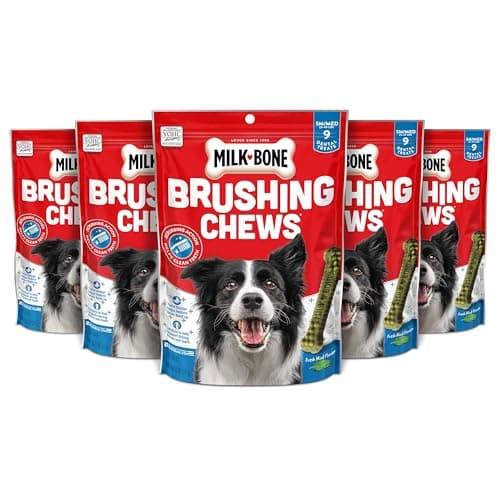 MilkBone Fresh Breath Brushing Chews 9 Small Medium Daily Dental Dog Treats Pack of 5 Scrubbing Action Helps Clean Teeth