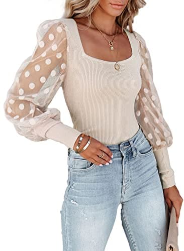 miduo Womens Knit Shirts Spring 2025 Fashion Scoop Neck Polka Dot Lace Long Gigot Sleeve Tops Ribbed Knitted Shirts Tops Blouses Apricot XL
