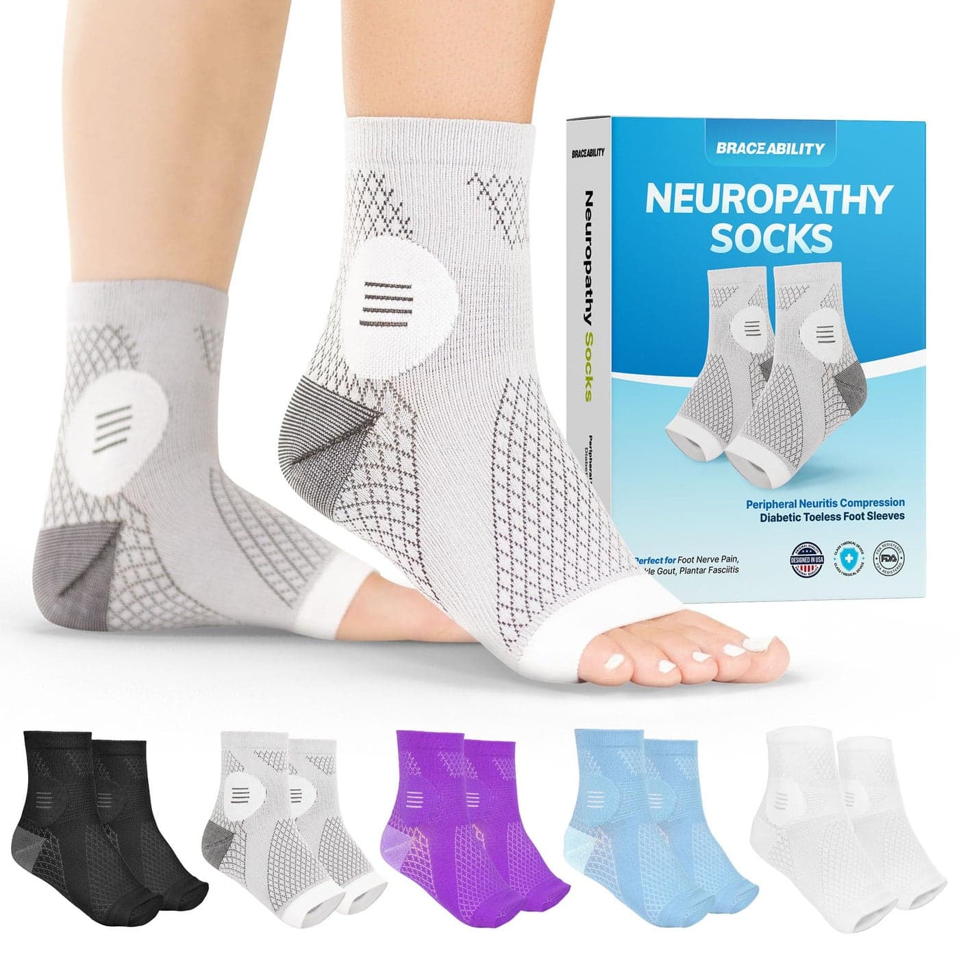 BraceAbility Neuropathy Socks Pair Peripheral Neuritis Compression Diabetic Toeless Foot Sleeves for Nerve Damage Pain in Feet Ankle Gout Plantar Fasciitis Relief Brace for Men and Women XL Gray