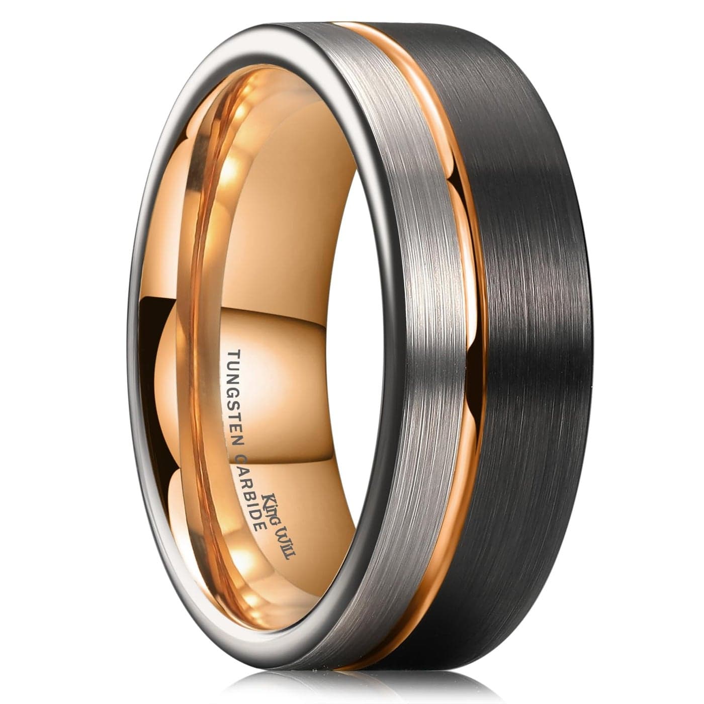 King Will LOOP Tungsten Carbide Wedding Band 8mm Rose Gold Line Ring Black and Silver Brushed Comfort Fit14.5