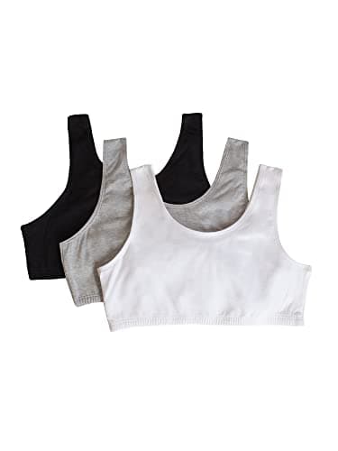 Fruit of the Loom Girls' 3 Pack Cotton Built-Up Stretch Sports Bra in Everyday Colors, Black/White/Heather Grey, 36