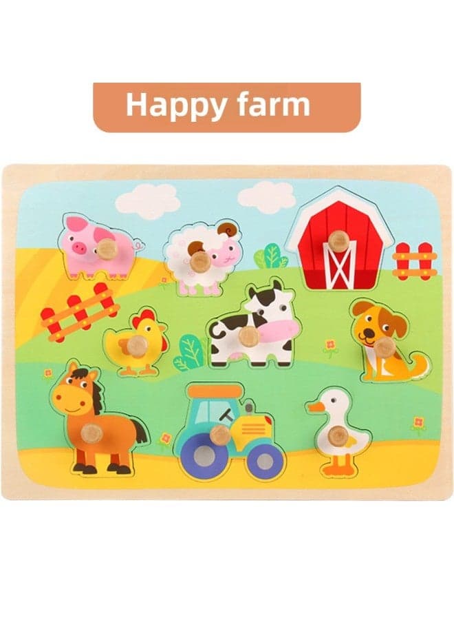 Direct Hand-held Plate Jigsaw Puzzle Children's Early Education And Intelligence Wooden Toys Digital Letters Fruit Geometric Shapes-Color:OJR-Big Wooden Nail Hand Grab Board Happy Farm