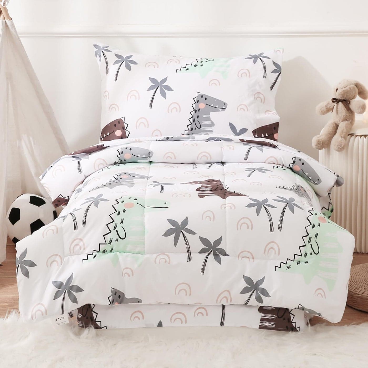 JSD Dinosaur Toddler Bedding Set 4 Piece BedinaBag Comforter Sheet Set Machine Washable
