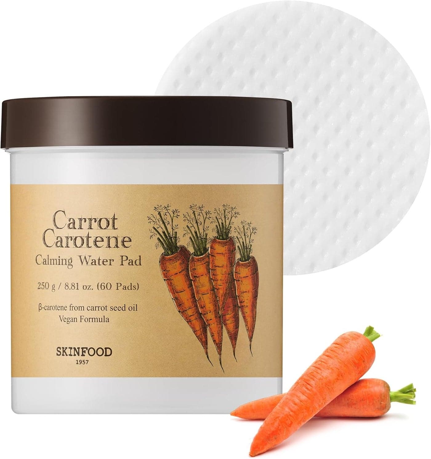 SKINFOOD Carrot Carotene Calming Water Pad 250g 881 oz 60 Sheets Redness Relief Soothing Facial Toner Pads for Sensitive Skin Cruelty Free Valentine Day Gift