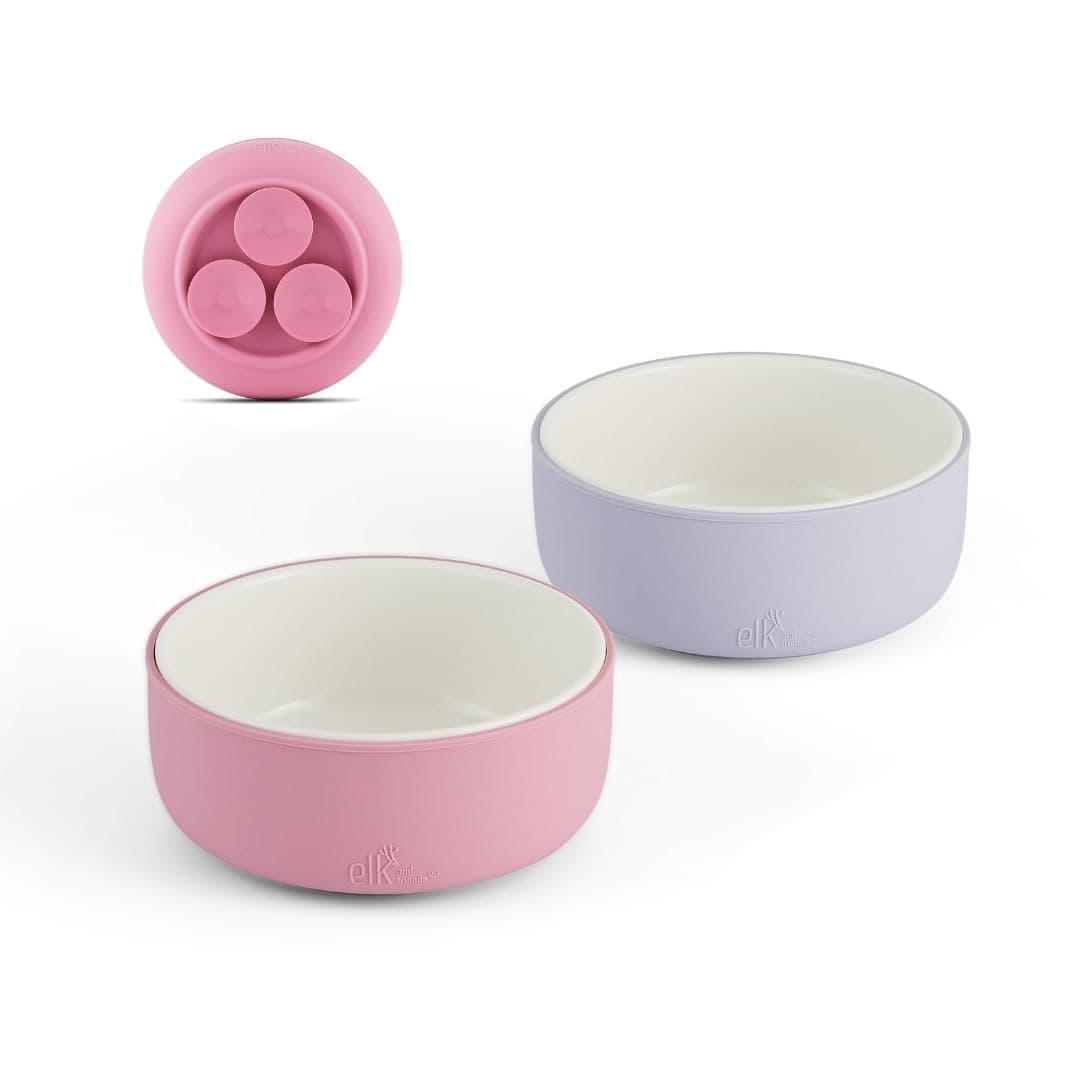 Elk and Friends Kids Porcelain Bowls with Silicone Suction Sleeve KidsToddlerBaby Feeding Microwave Dishwasher Safe Non slip CerealSoupSnack Dishes Dinnerware