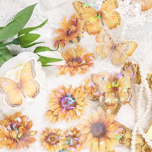 Doraking 60 Pieces Glitter Shiny Flower Stickers for Journaling Waterproof Decorative Decal for Scrapbooking Supplies Journal Planners Art Crafts Photo Album Decor Yellow