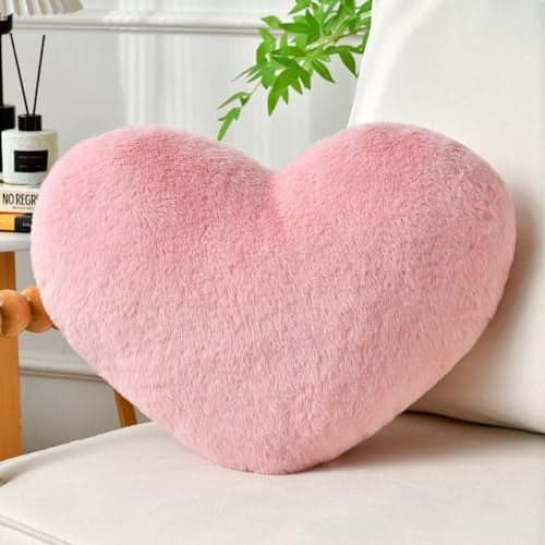 IREMATE Heart Pillow Pink Throw Pillows Decorative Pillows for Bed Couch Cute Faux Rabbit Fur Small Pillow for Women Valentine Anniversary Fall Halloween Christmas Home Decor Medium 20x15