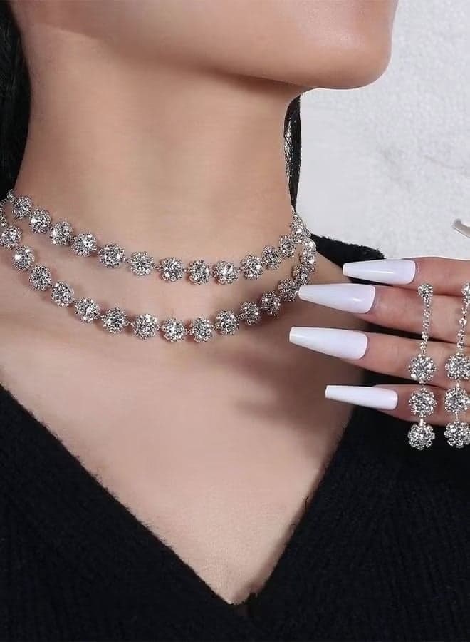 3 Pcs Necklace Earrings Set Flowers Charm Layered Chain Ear Dangle Bridal Evening Dress Accessories for Women Silver/Clear
