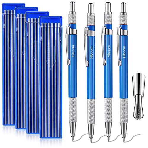 Hiboom 4 Pcs Welders Pencil with 48 Pcs Silver Round Refills Mechanical Pencils Metal Marker with Builtin Sharpener for Pipe Fitter Welder Steel Construction Fabrication Woodworking Design Patent