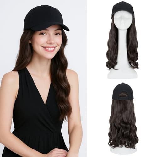 SEGO Hat Wig, Hat with Hair Attached for Women Black Baseball Cap with Hair Extensions, Long Wavy Baseball Cap Wig Adjustable Hats for Daily Party 16 Inch #4A Black Brown