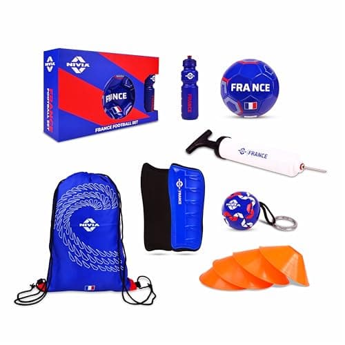 Nivia Football Combo Pack of 7, 1 PVC Football, 1 Pair Shin Guard, 1 Ball Pump, 1 Carry Bag, 1 Water Bottle - 750ML, 4 Pcs Saucer Cone, 1 Football Key Ring, Size-5 (France)