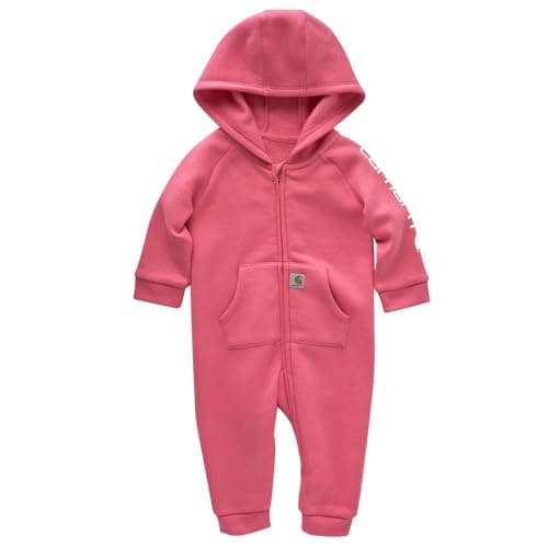 Carhartt Kid's CM9732 Long-Sleeve Fleece Zip-Front Hooded Coverall - Girls - 12 Months - Pink Lemonade
