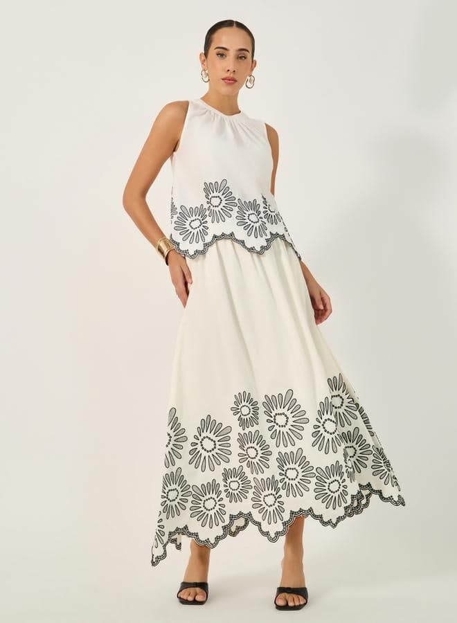 Embroidered A-Line Maxi Skirt With Scallop Hem