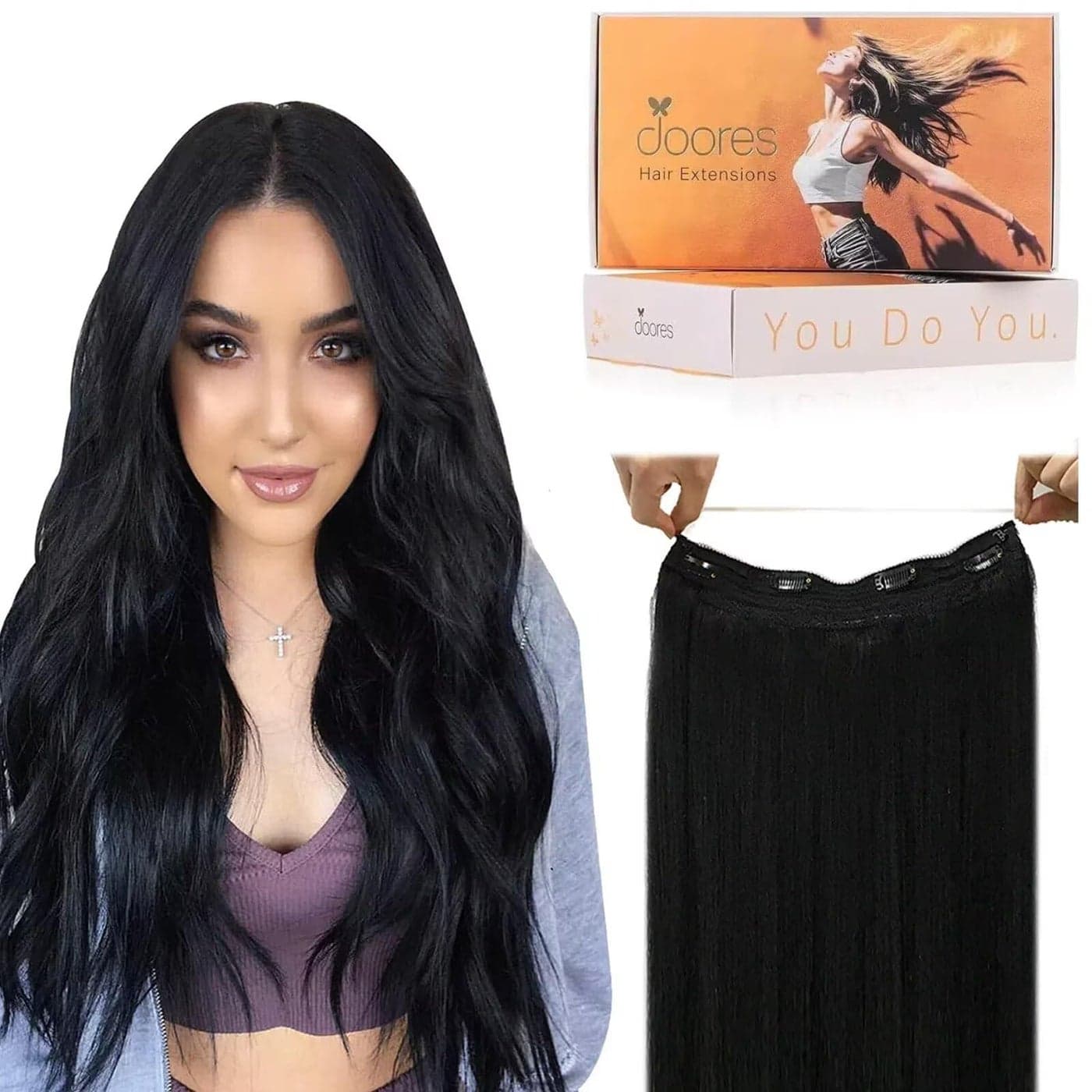 DOORES Wire Hair Extensions Jet Black 20 Inch 110 g Remy Human Wire Hair Extensions Invisible Natural Transparent Line Adjustable Hairpieces Secret Straight