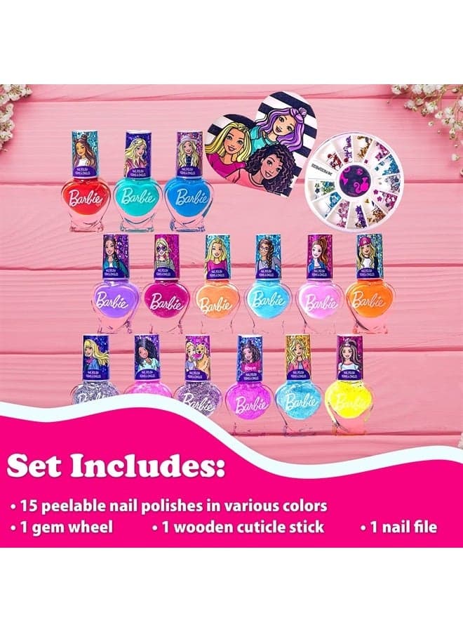 Barbie Non-Toxic Peel-Off Quick Dry Nail Polish Activity Makeup Set for Girls, Ages 3+ includes 15 PK Nail Polish with Nail Gems Wheel and Nail File for Parties, Sleepovers and Makeovers